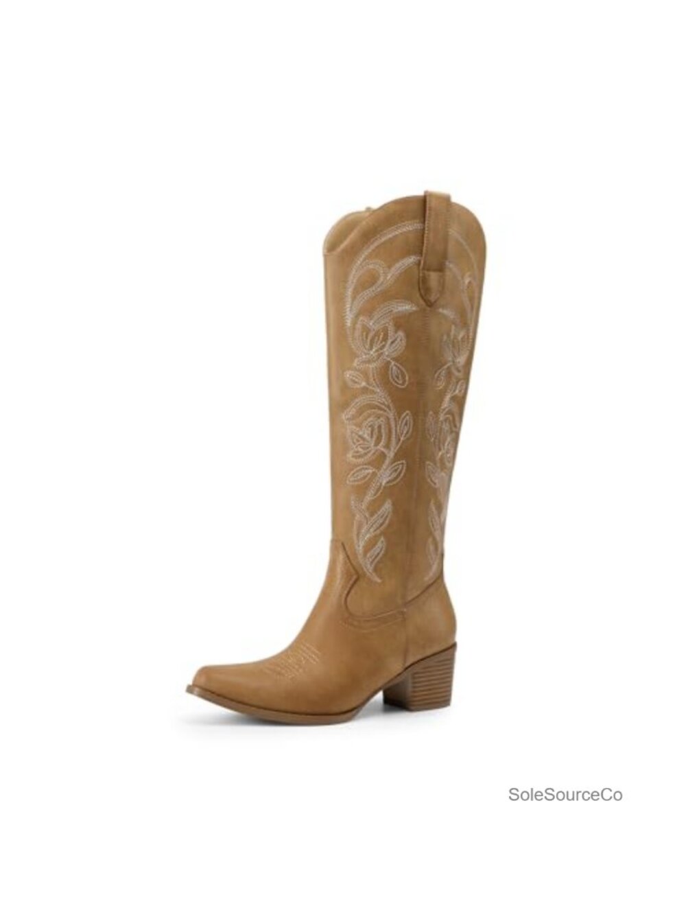 Knee High Western Cowgirl Boots Floral Embroidery Faux Leather Square Toe